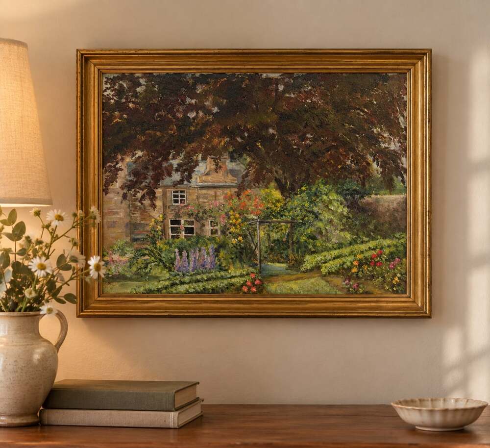 Original Mid-Century Oil Painting: English Country House Garden Scene